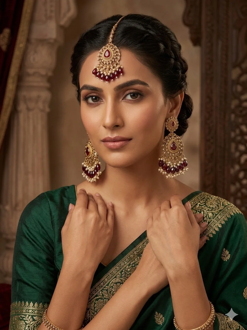 Gold-Tone Red Teardrop Maang Tikka & Earrings Set - Women Jewelry